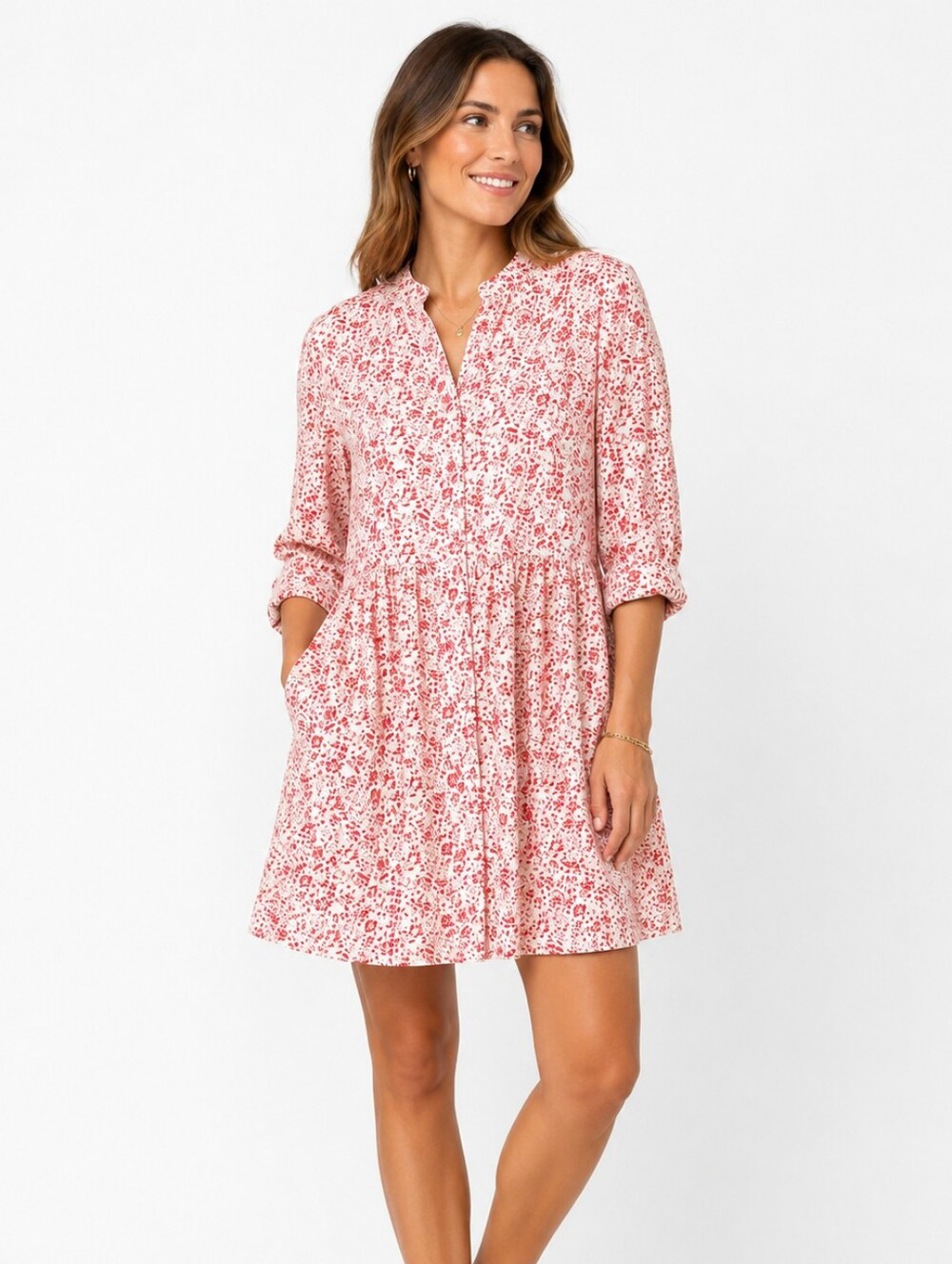 Tuckernuck Royal Shirtdress Red Cream Ditsy Floral Henley Side Pockets M